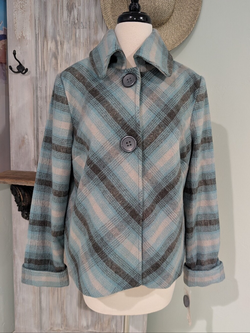 NWT TanJay Blue & Gray Plaid Button-Front Pea Coat